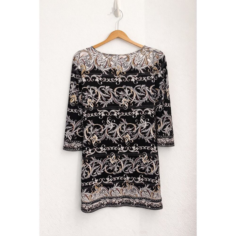 White House Black Market Baroque Print Shift Dress Black Stud Neckline Size S - Picture 2 of 4